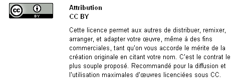 Attribution CC BY : Cette licence permet aux autres de distribuer, remixer, arranger, et adapter votre oeuvre, même à des fins commerciales, tant qu'on vous accord le mérite de la création originale en citant votre nom. C'est le contrat le plus souple proposé. Recommandé pour la diffusion et l'utilisation maximales d'oeuvres licenciées sous CC.